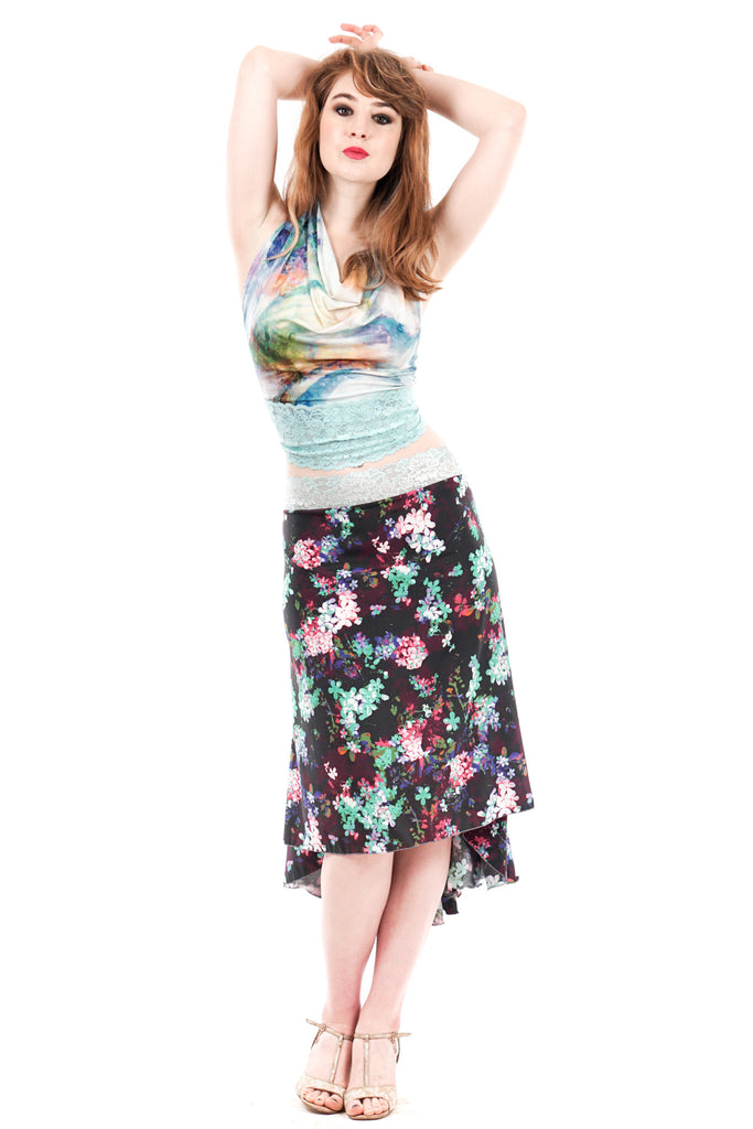 the signature skirt in chromatic floral silk