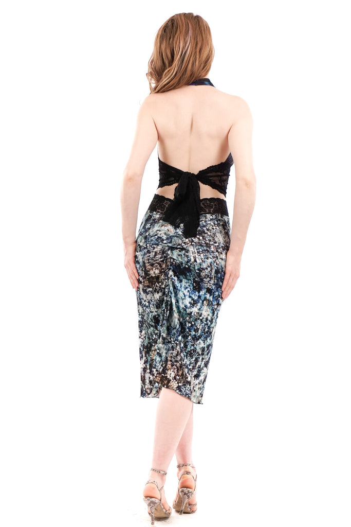 sequined serpent long ruched skirt