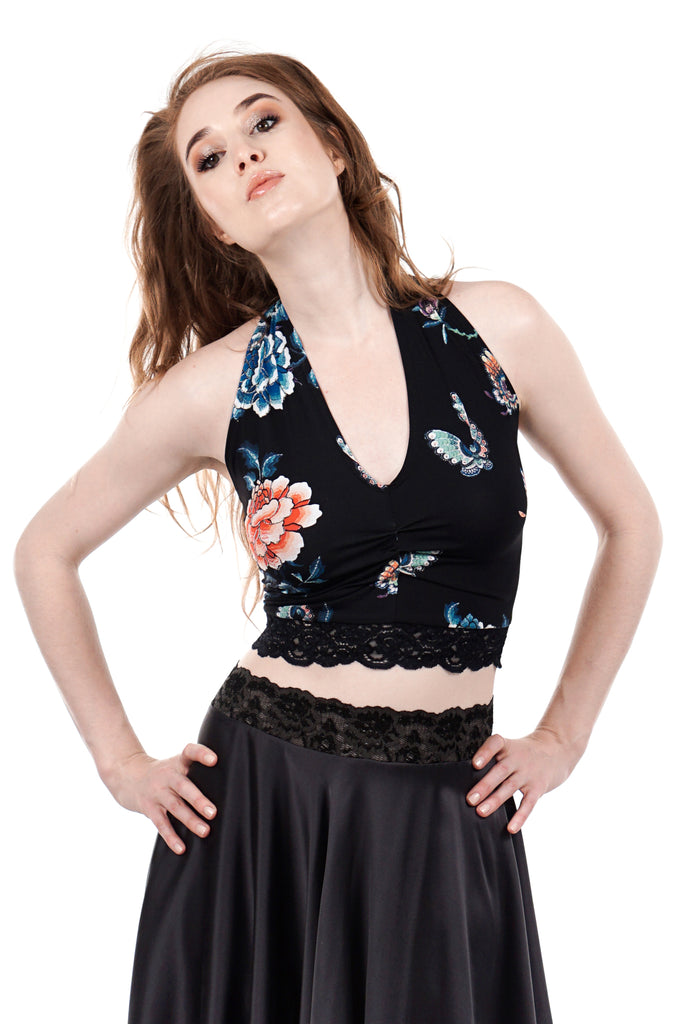 black porcelain ruched halter - Poema Tango Clothes: handmade luxury clothing for Argentine tango
