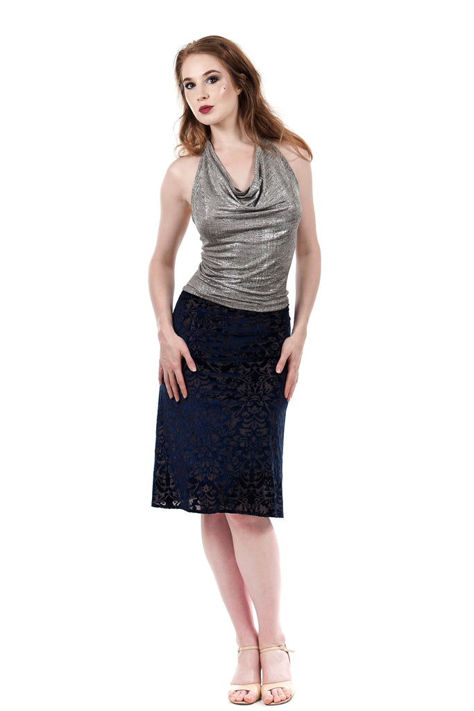 blue velvet burnout ruched skirt - Poema Tango Clothes: handmade luxury clothing for Argentine tango