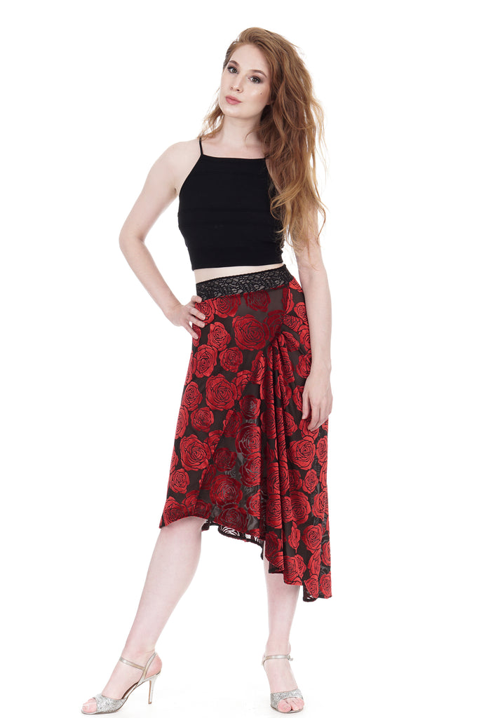 burnout velvet roses draped & ruched skirt - Poema Tango Clothes: handmade luxury clothing for Argentine tango