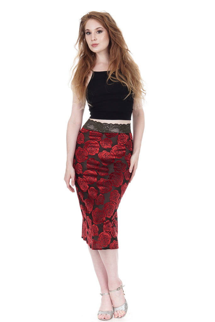 burnout velvet roses pencil skirt - Poema Tango Clothes: handmade luxury clothing for Argentine tango