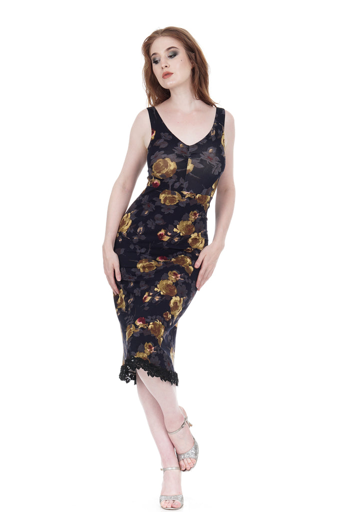 gold night roses ruched tank dress - Poema Tango Clothes: handmade luxury clothing for Argentine tango