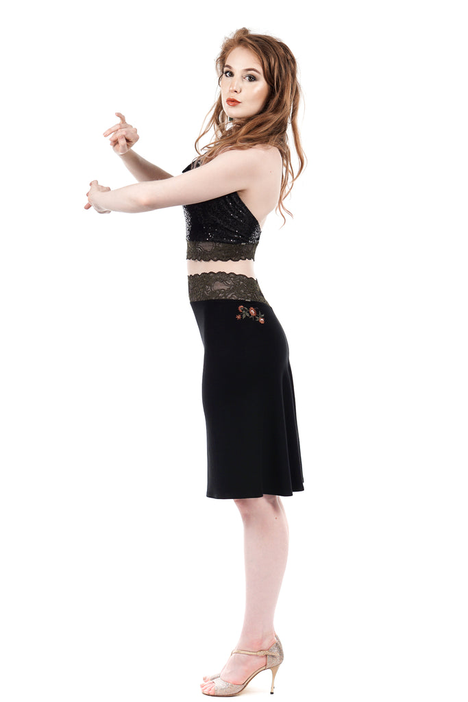 jet sport jersey embellished fluted skirt - Poema Tango Clothes: handmade luxury clothing for Argentine tango