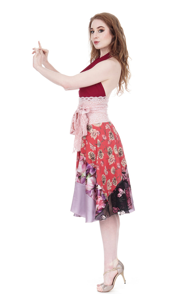red chrysanthemum circle skirt - Poema Tango Clothes: handmade luxury clothing for Argentine tango