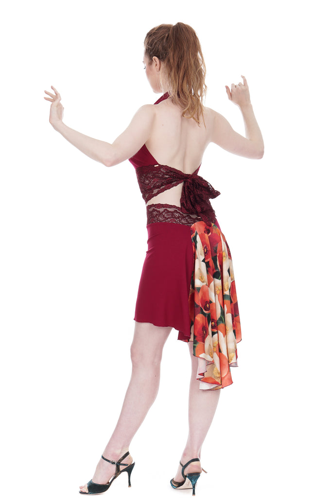 the signature skirt in cabernet and soft poppy silk - Poema Tango Clothes: handmade luxury clothing for Argentine tango
